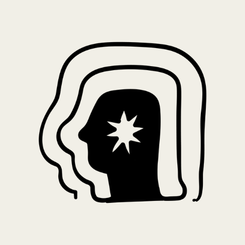 A hand drawn silhouette outline of a head that has concentric outlines withing leading to a solid head shape in black with a star at the centre