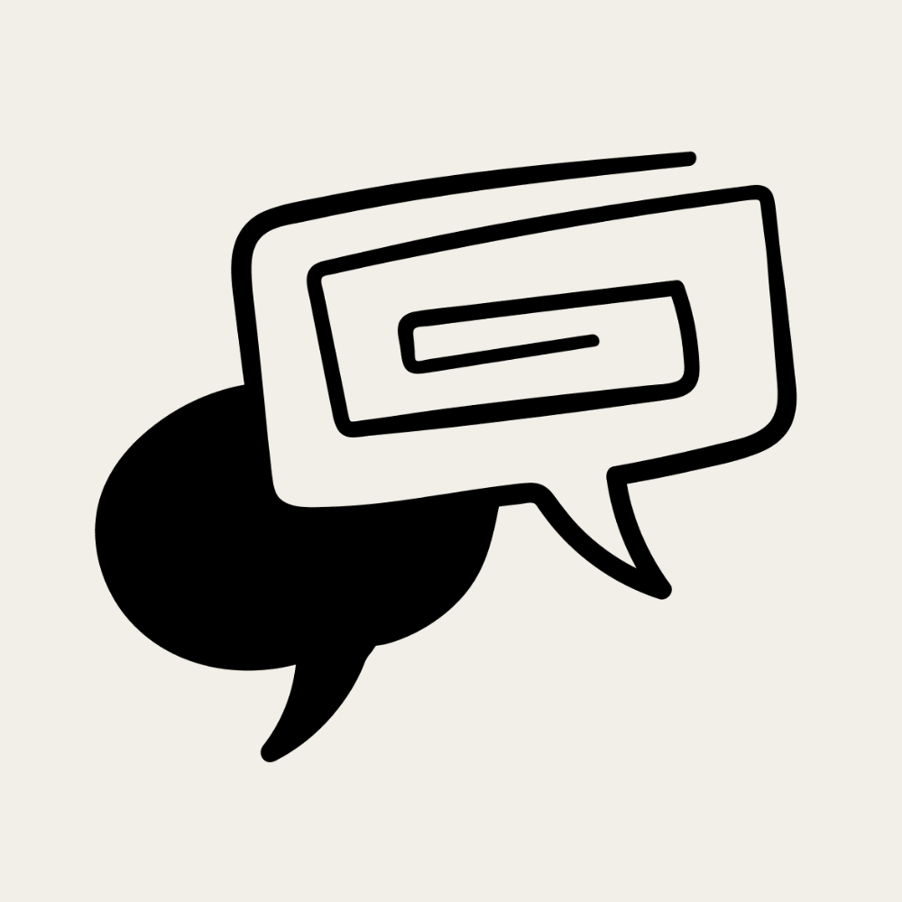 Black handdrawn graphic image of two speech bubbles